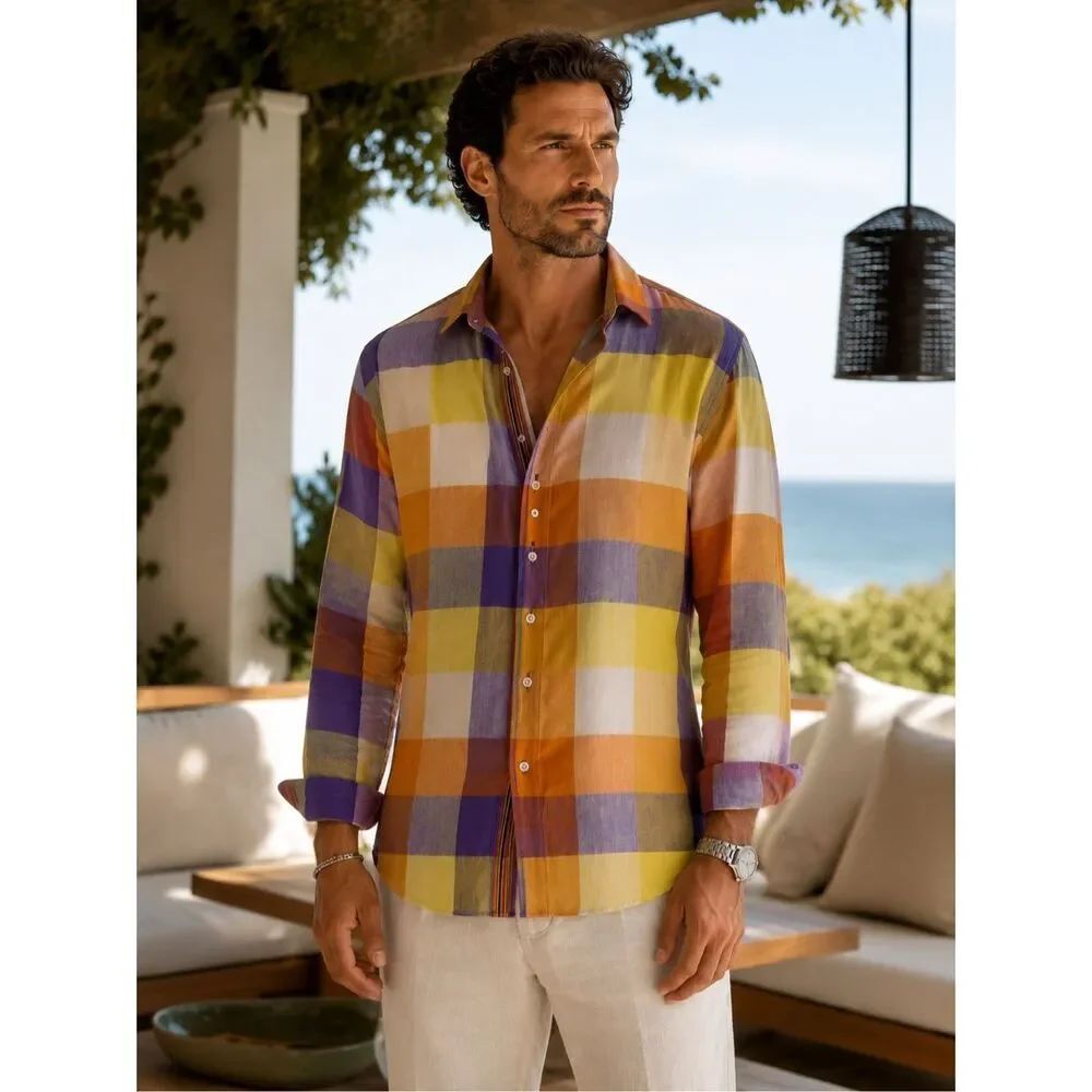 Bugatchi Uomo 100% Linen Plaid Button Front Shirt Long Sleeve Multicolor XL